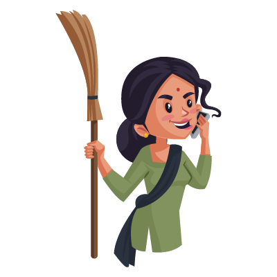 Indian young housemaid holding broom and talking on phone