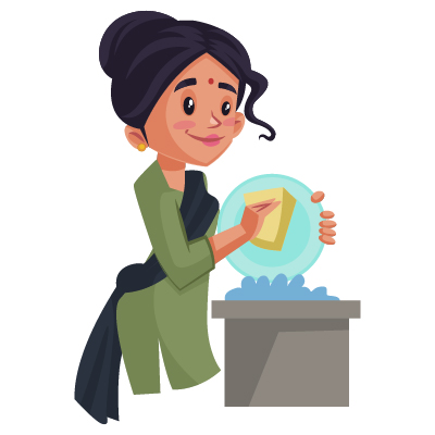 Indian young housemaid is cleaning plates of food