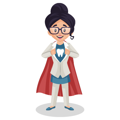Lady Indian dentist is wearing a cape and showing teeth sign on the t shirt