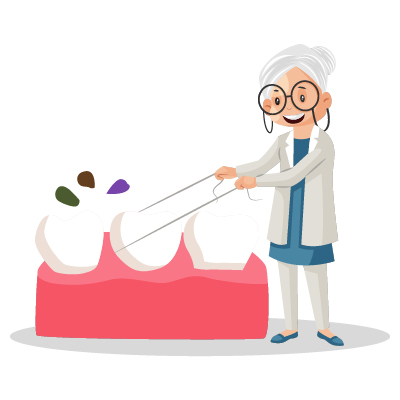 Old Lady dentist is cleaning the teeth with a thread