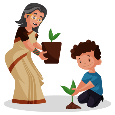 Old lady teacher is teaching tree plantation to boy
