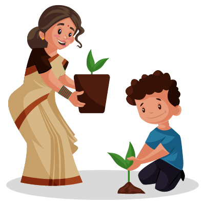 Skilled indian lady teacher teaching tree plantation to boy