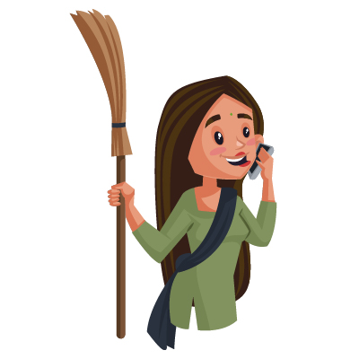 Smart housemaid holding broom and talking on mobile phone