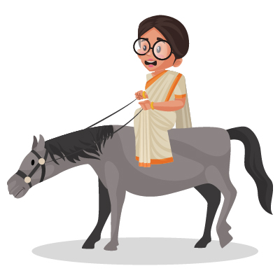 Young Indian female politician is sitting on the donkey