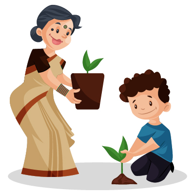 Young Indian lady teacher is teaching tree plantation to boy