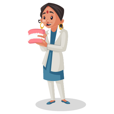 Young female dentist is holding the dental jaw in hands