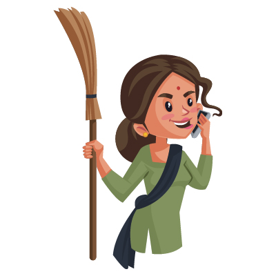 Young housemaid is holding broom and talking on phone