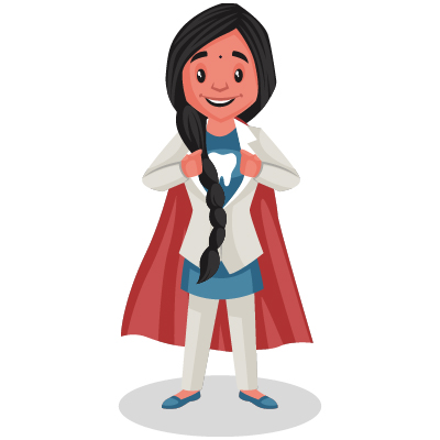 Young Indian dentist is wearing a cape and showing teeth sign on the t shirt