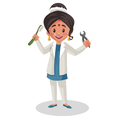 Young Indian female dentist is holding a toothbrush in one hand and tooth in another hand