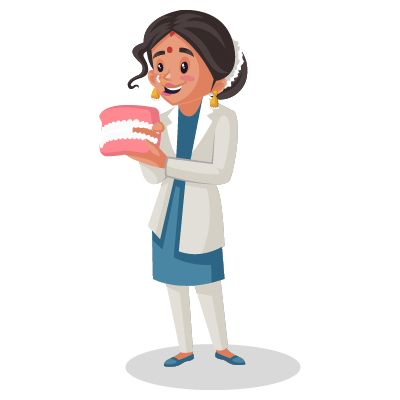 Young Indian female dentist is holding the dental jaw in hands
