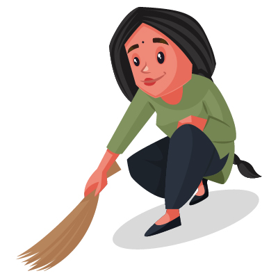 Young indian housemaid is sweeping floor with broom