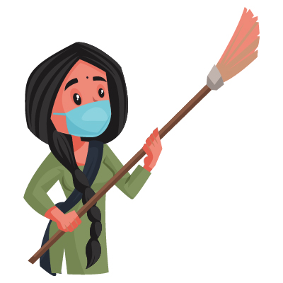 Young indian housemaid wearing mask and holding broom