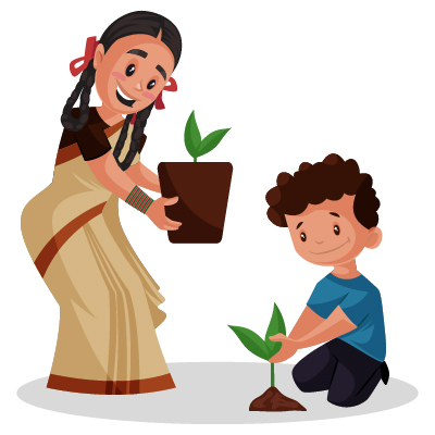 Young lady teacher is teaching tree plantation to boy