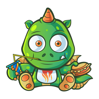 Baby dragon illustration holding burger and drink