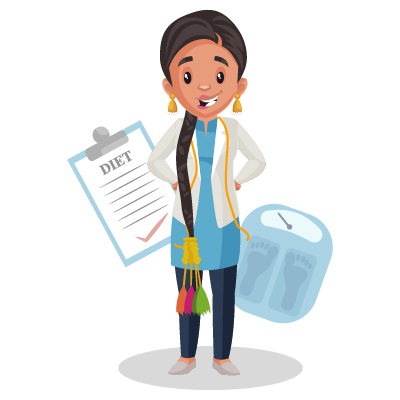 Character of nutritionist with weighing machine and diet chart