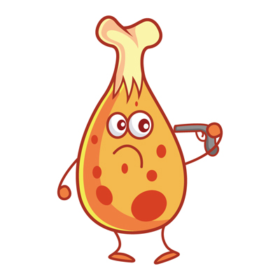 Chicken leg piece character pointing gun on its head