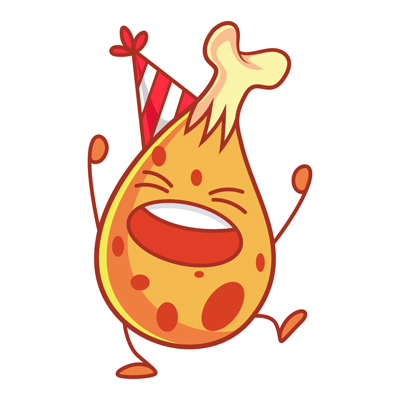 Chicken leg piece wearing party cap and celebrating