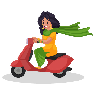 Curly haired girl is driving a scooter