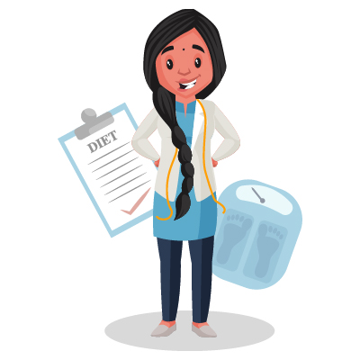 Female nutritionist with weighing machine and diet chart