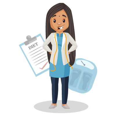 Indian nutritionist character with weighing machine and diet chart