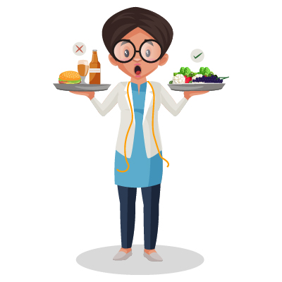 Nutritionist girl holding healthy and unhealthy food on plate