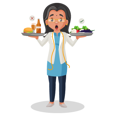 Nutritionist woman holding healthy and unhealthy food on plate