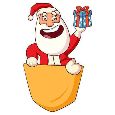 Santa claus character coming out from bag and holding gift in hand