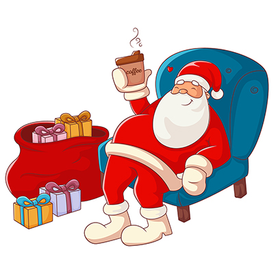 Santa claus character relaxing on sofa and drinking coffee