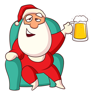 Santa claus character sitting on sofa and holding beer mug