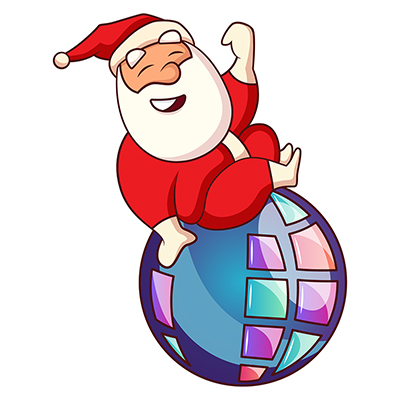 Santa claus character sitting on the colorful ball