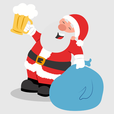 Santa claus is holding beer glass and gift bag in hands