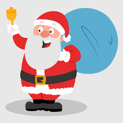 Santa claus is holding gift bag and ringing the bell