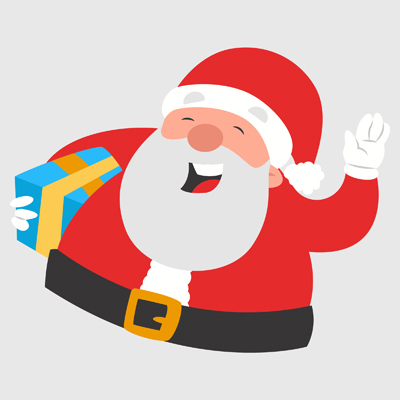 Santa claus is holding gift box and waving his hand