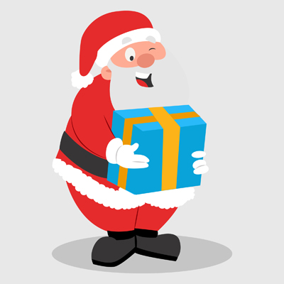 Santa claus character holding gift box in his hands