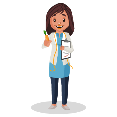 Woman nutritionist holding carrot and notepad in hand