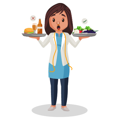 Woman nutritionist holding healthy and unhealthy food on plate