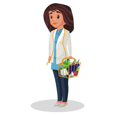 Woman nutritionist holding vegetables and fruits in basket