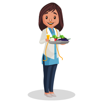 Woman nutritionist holding vegetables and fruits on plate