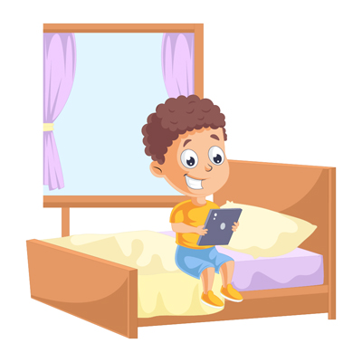 Boy sitting on bed and watching the tab