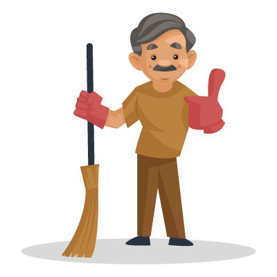 Indian senior sweeper holding broom and showing thumbs up