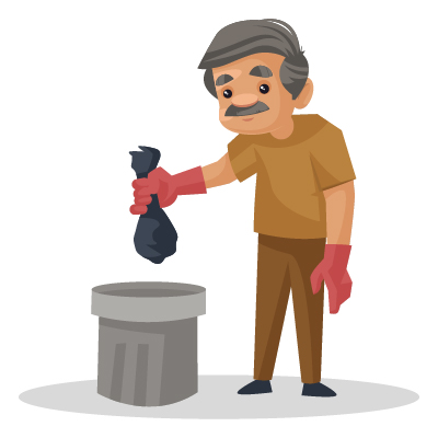 Indian senior sweeper throwing garbage bag in dustbin