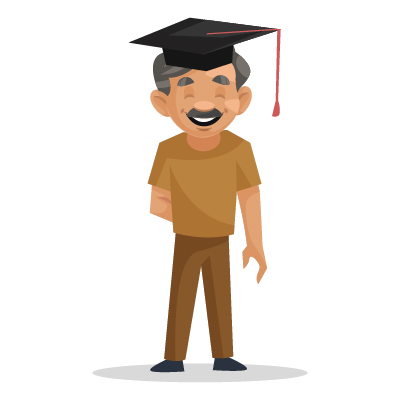 Indian senior sweeper wearing graduation hat