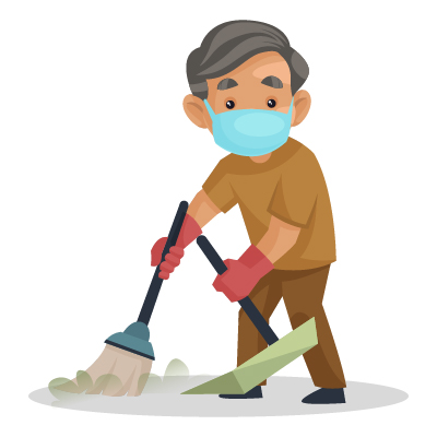 Indian senior sweeper wearing mask and cleaning floor with broom