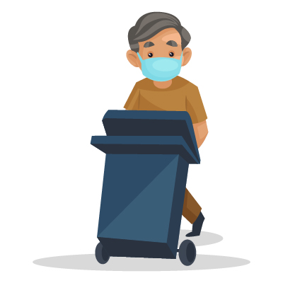 Indian senior sweeper wearing mask and with dustbin trolley