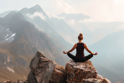 Image of girl yoga balancing on mountain rock