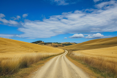 Image of rural road going through golden fields