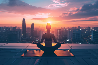 Photo of girl doing rooftop yoga at sunset