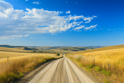 Photo of rural road going through golden fields