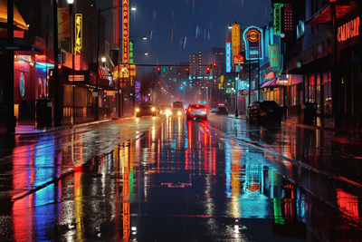 Picture of rain soaked city street reflecting light