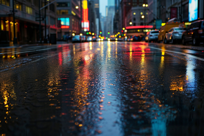 Picture of urban road with rain slicked city lights